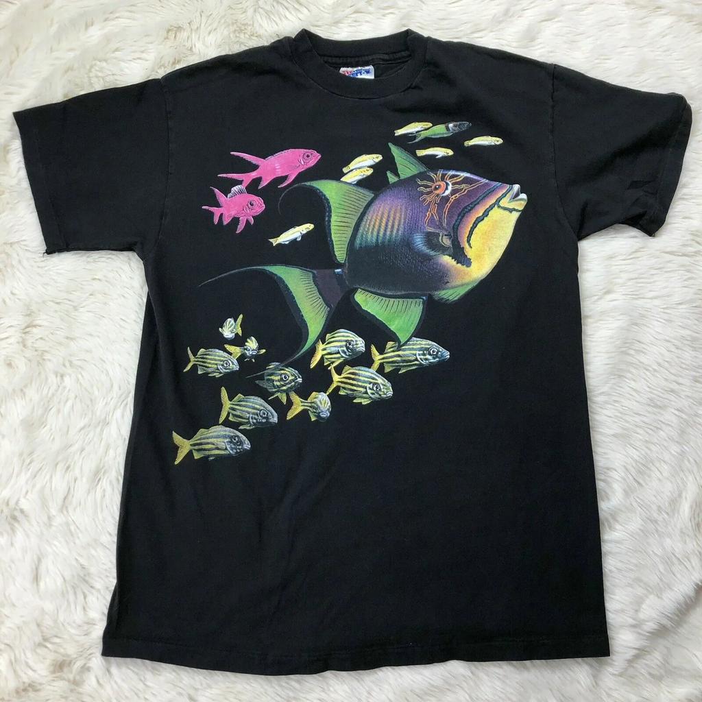 Vtg Reef Fish Beautiful Marine Aquatic Fish Black Neon TShirt 100 Cotton ONeck Short Sleeve Casual Unisexs Tshirt Size S3XL