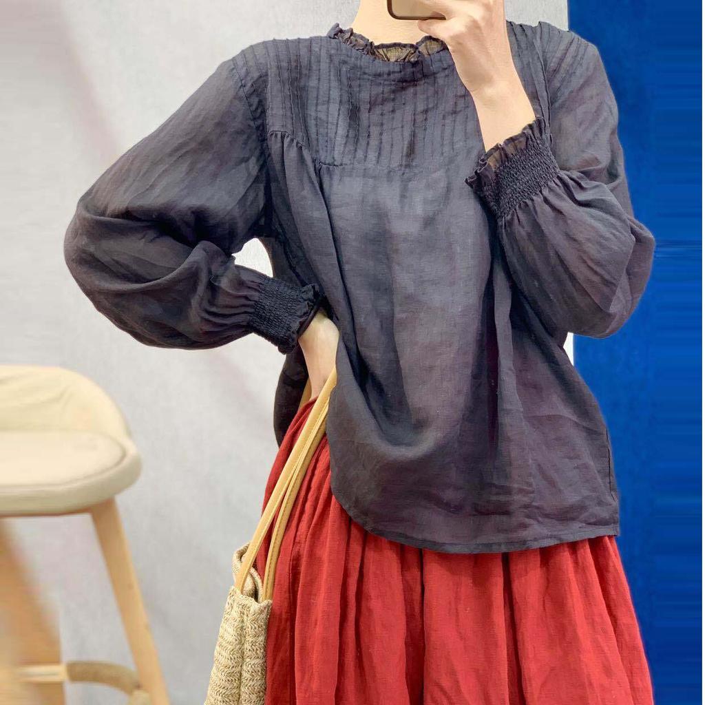 Johnature Vintage Thin Ruffles Loose Womens Blouses Summer All Match Sunscreen Button Female Shirts