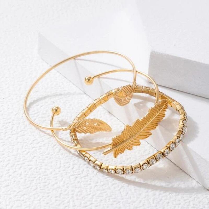 New Bracelet Alloy Feather Diamond Bracelet Set, Flower Shell Geometric Bracelet Multi-piece Set