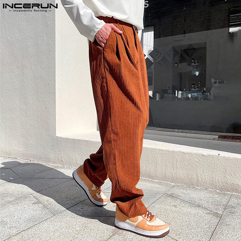 INCERUN Herren Gürtel Reißverschluss Hohe Taille Cord Lange Hose Casual Haremshose