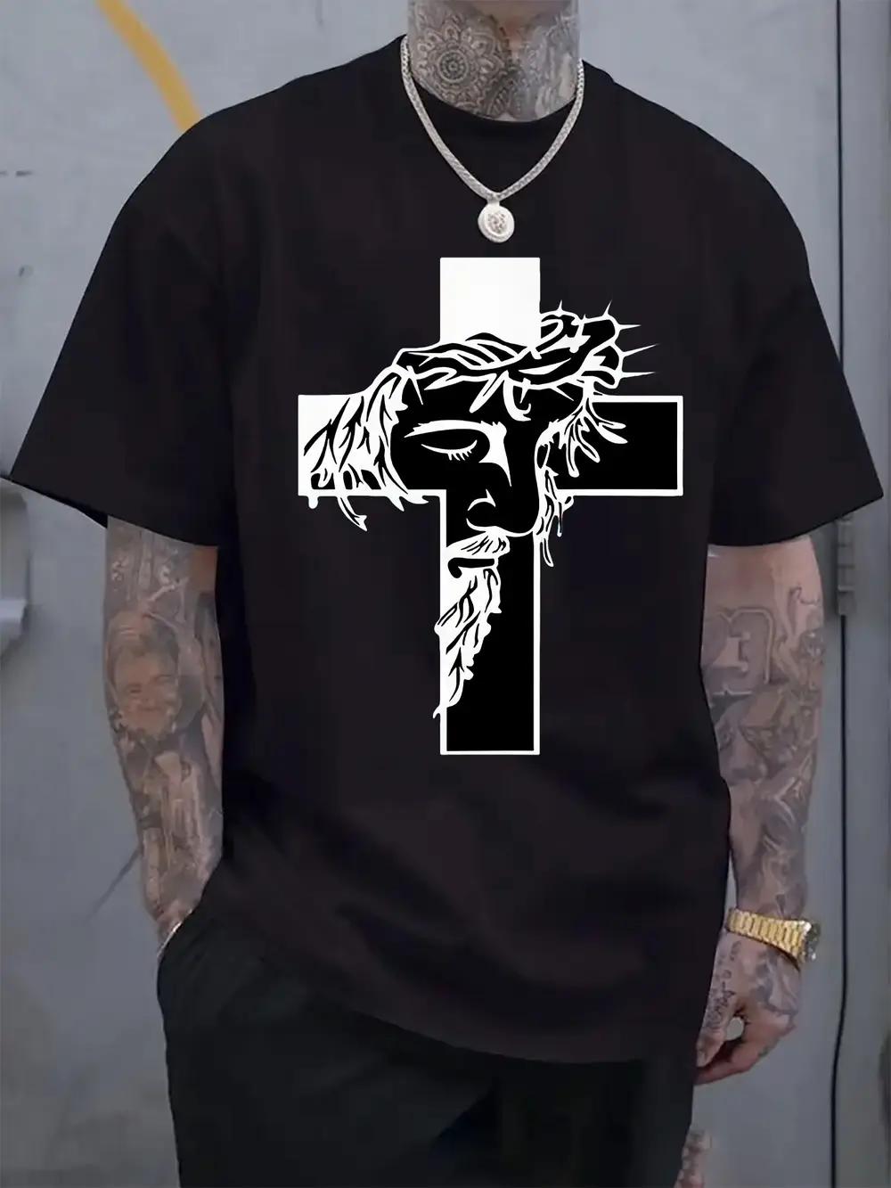 White T-shirt with Intricate Jesus Christ Print - Casual Crew Neck S