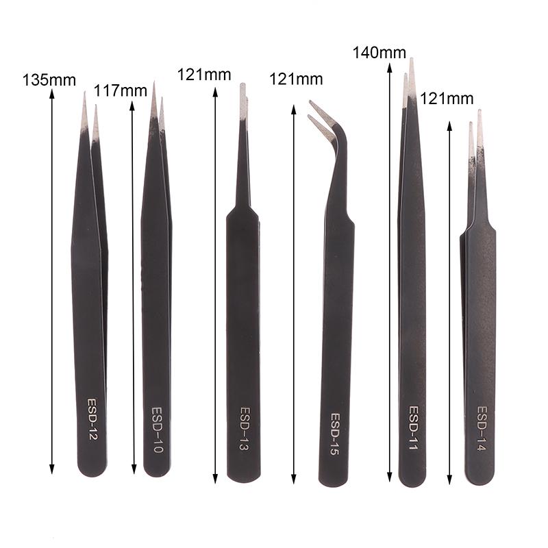 6 Pcs Precision Tweezers Set Anti-Static Esd Tweezer Stainless Steel Repair Tools For Electronics Soldering Model Jewelry Makin