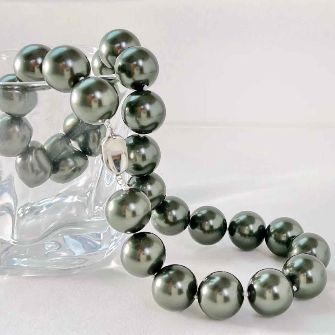 Vintage 16Mm Large Granular High Quality Dark Night Black Tahitian Artificial Crystal Pearl Necklace Clavicle