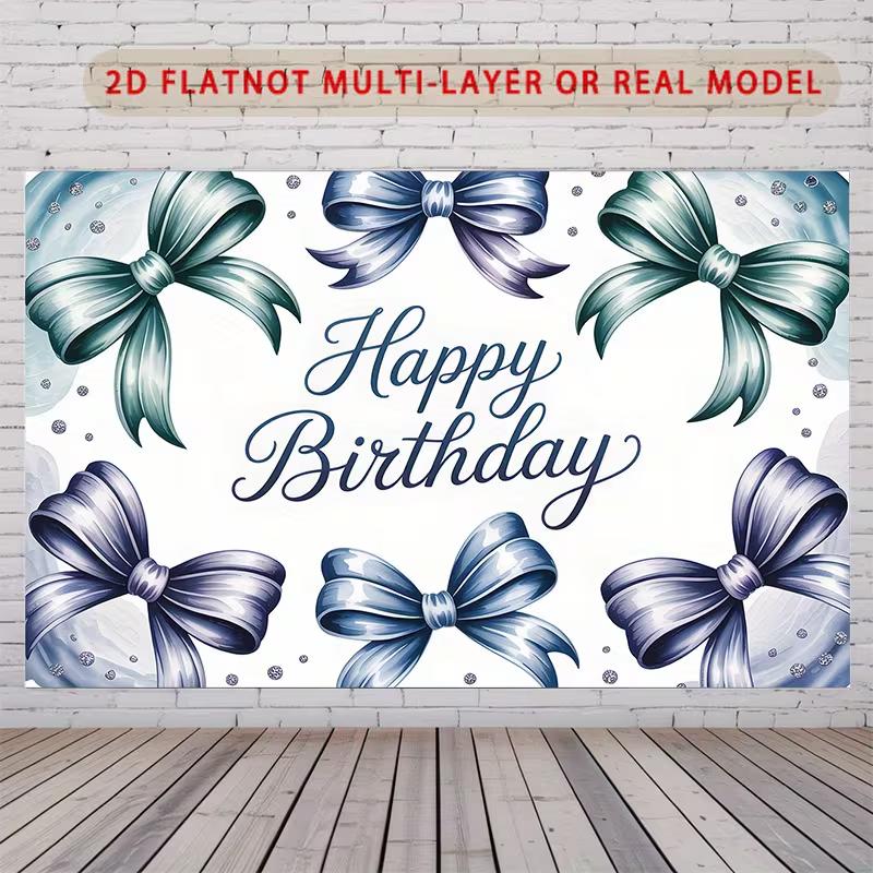

2D Blue Bow Happy Birthday Backdrop Aesthetic Ribbon Photography Background 47.2x31.5inch/120*80cm