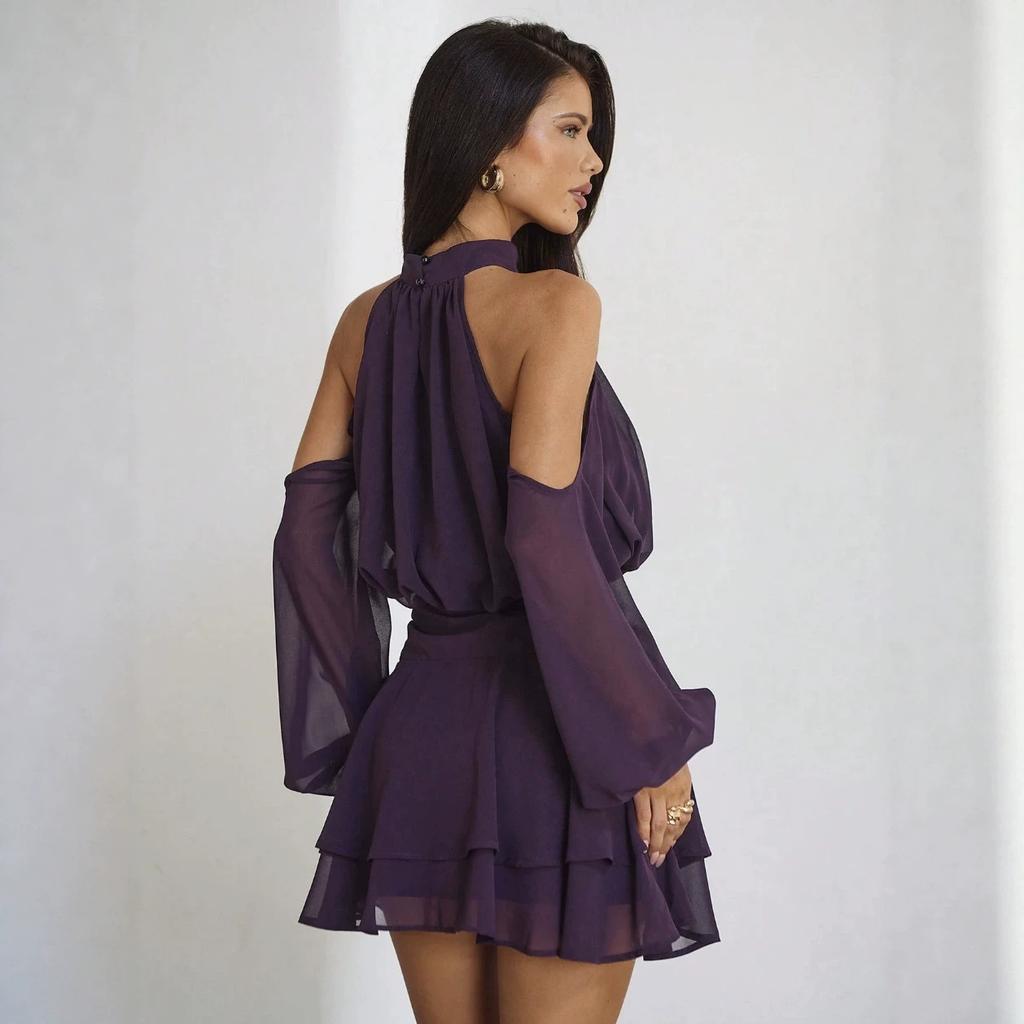 European and American new design neck small turtleneck dress, shoulder digging perspective horn long-sleeved ruffle edge skirt