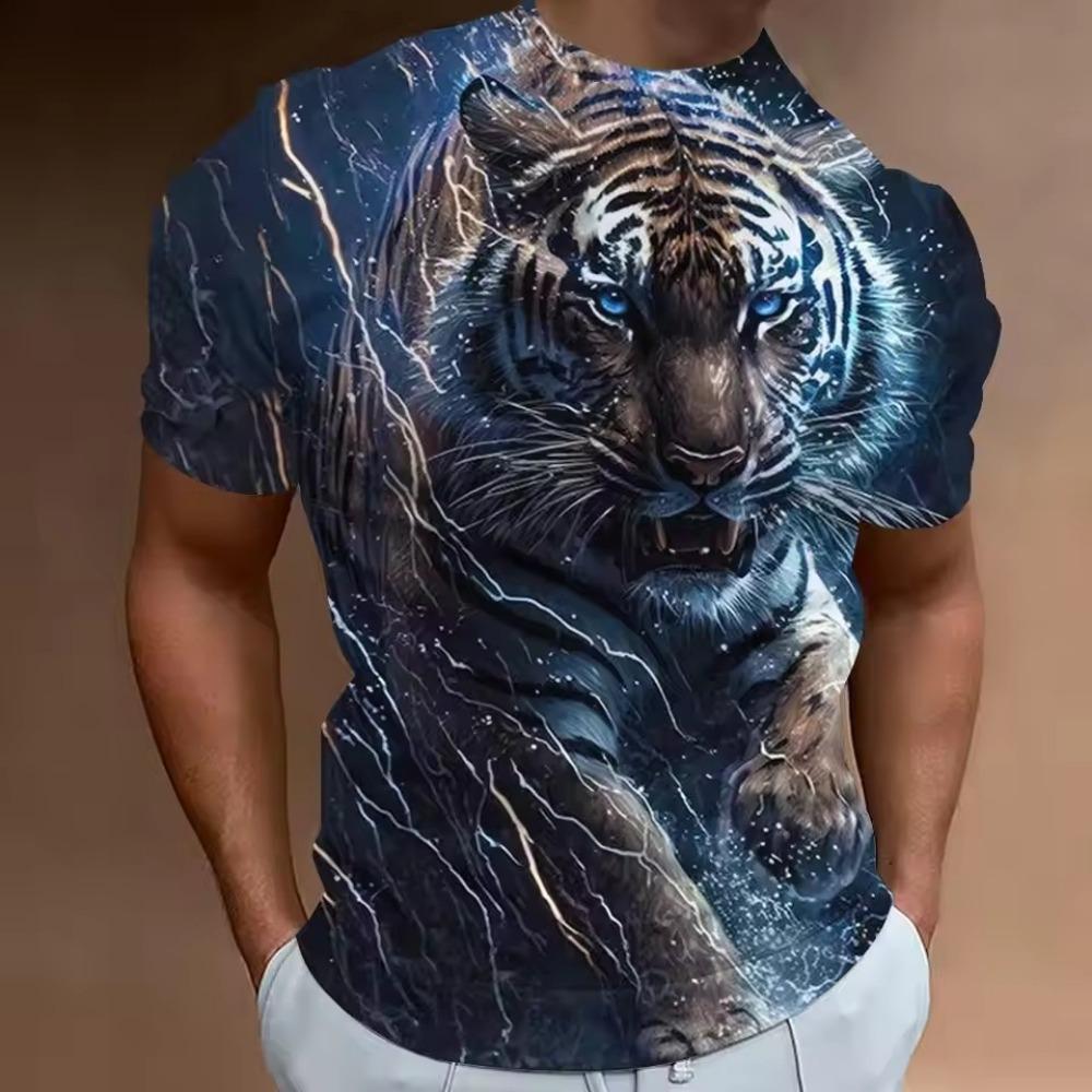 Streetwear Men's Casual T-shirt 3D Digital Printed Tiger Pattern Round Neck Short Sleeved Loose Summer Top Men's T-shirt
