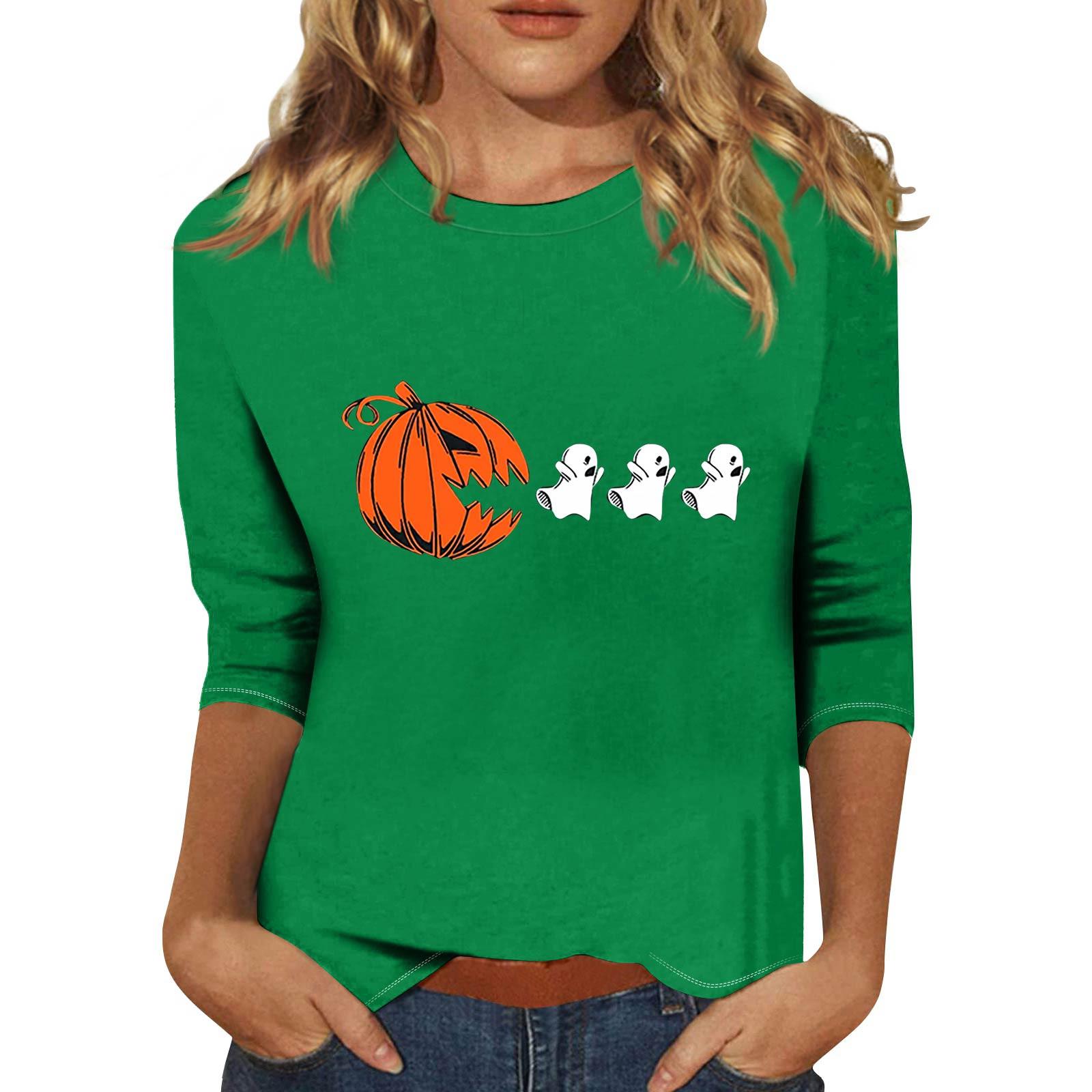

Women s Fashion Casual Three-Quarter Sleeve Halloween Print Round Neck T-Shirt Top M зелений