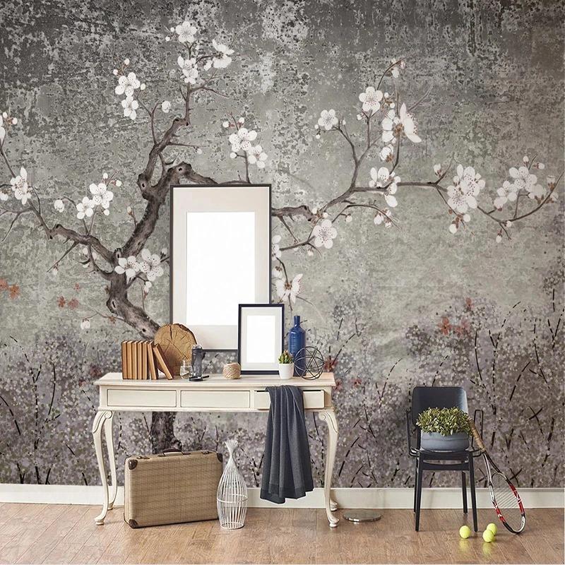 Retro Photo Wallpaper Plum Blossom Mural Hand Painted Flowers Birds Wall Murals Living Room Study Fresco