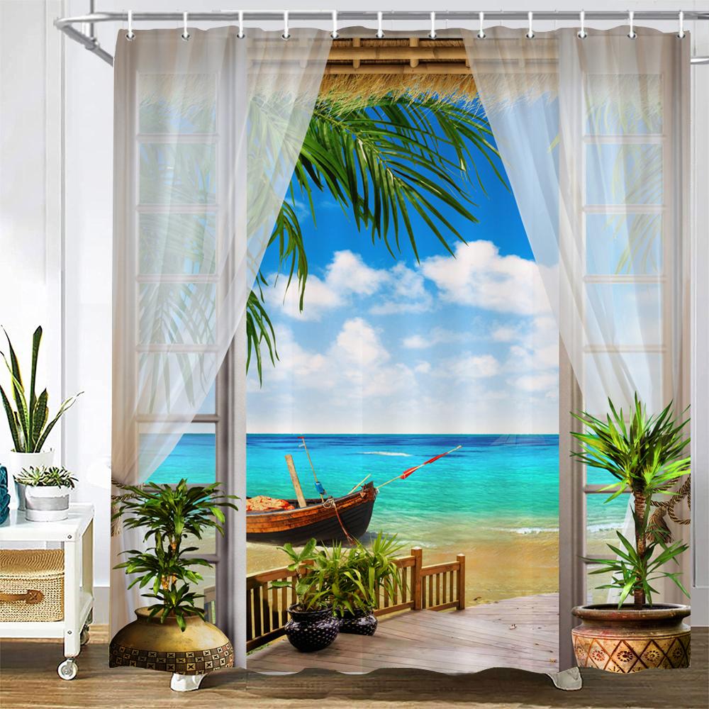 Shower Curtain Sunshine Beach Scenery Seaside 3D Printing Bathroom Curtain Polyester Waterproof Home Decor Curtain 180x180cm