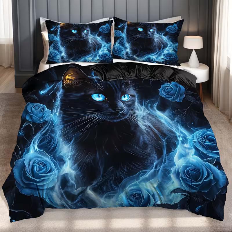

Mystic Black Cat Bedding Set Blue Rose Down Duvet Cover Queen King Double Duvet Cover Pillowcase 2/3 Gift Soft Bedroom Decoration UK Single 135x200cm