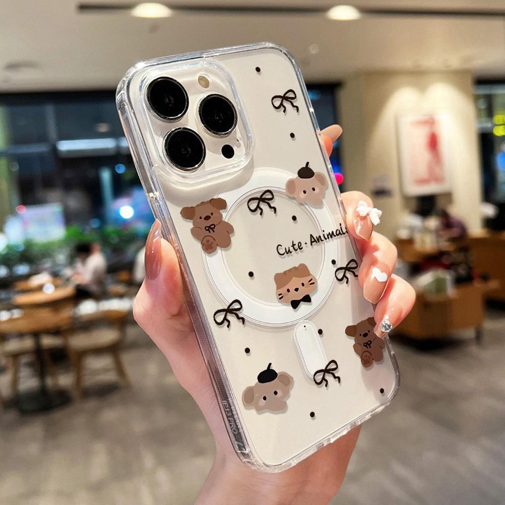 Korean Cute Cartoon Animals Transparent Magnetic Phone Case For iPhone 17 16 15 11 14 13 12 Pro Max Wireless Charging Back Cover