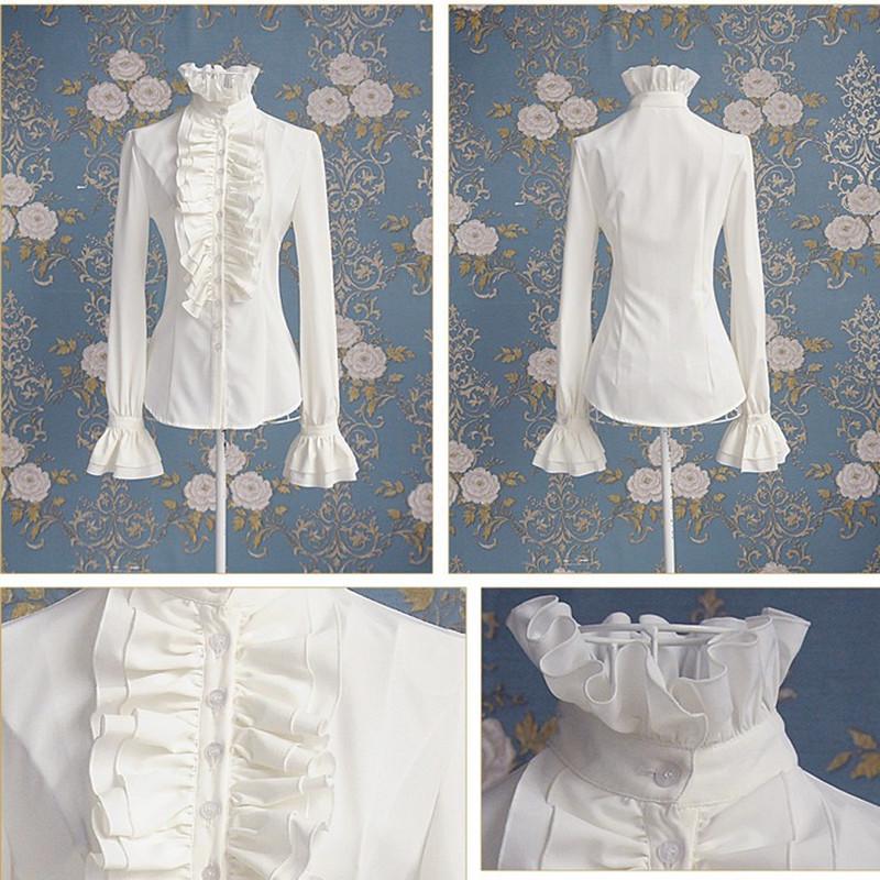 Gothic Lolita Langarm-Rüschen, einfarbig, schwarz-weiß, Oberteile, Hemd für Damen, Vintage, viktorianische Hemden und Blusen mit gerüschter Spitze