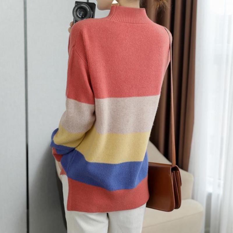 2025 Spring Color Block Striped Knitwear – Loose, Slimming, Lazy Style Top