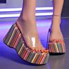 Thick-bottomed slope heel one-word slippers women's high-heeled sponge cake solid color cloth surface beach cool slippers