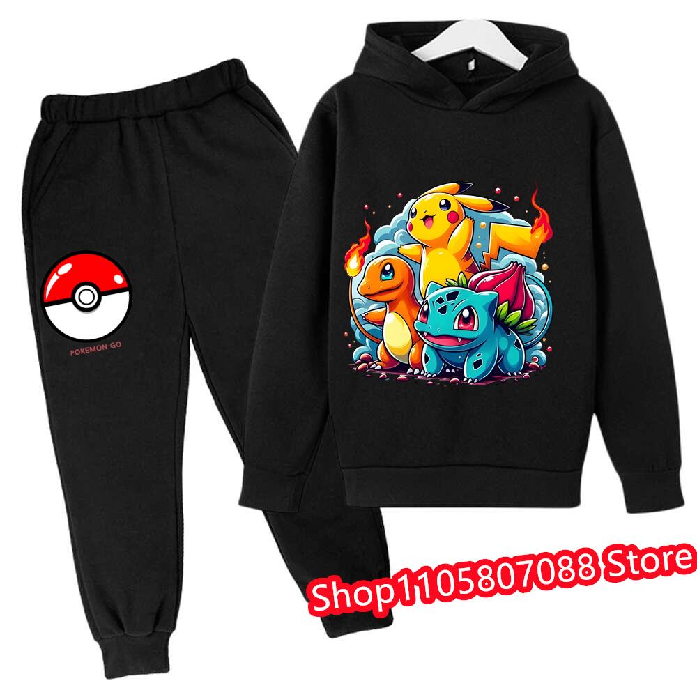 2026 Jaro Podzim 3-14 let Děti Pikachu Kreslená Mikina Set Oblečení pro Kluky Outfit pro Holky