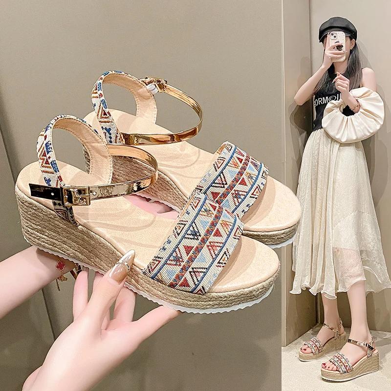 Fashion Women's Sandals Bohemian Champagne Platform Shoes for Women Fashion Buckle Wedge Sandal Summer Thick Bottom Open Toe Sandalias
