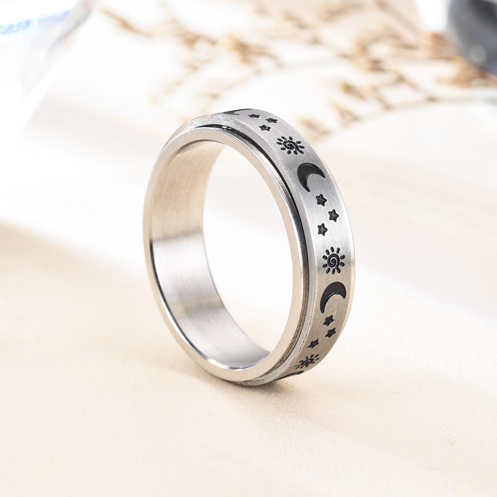 European & American Titanium Steel Moon & Star Rotating Couple Ring Set