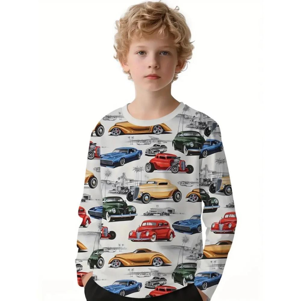 

Весенне-осенние футболки с круглым вырезом, ретро-принтом автомобиля и 3D-печатью, модные повседневные детские футболки с длинным рукавом для мальчиков 120