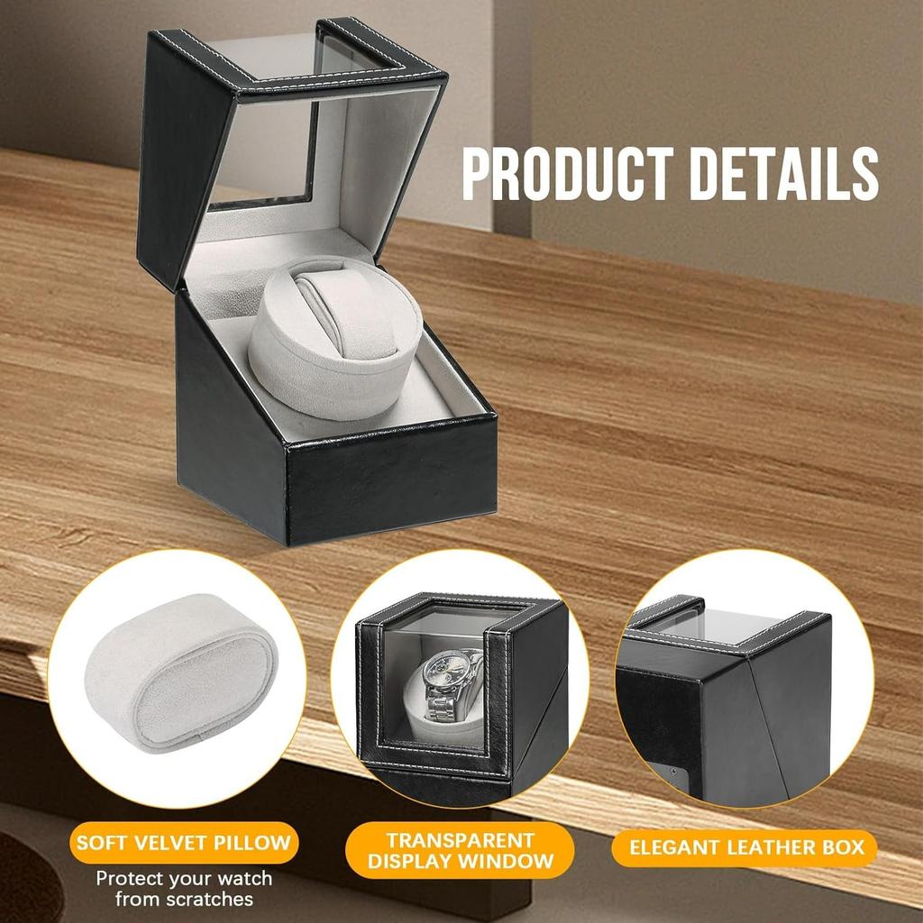 Single Watch Winder for Automatic Watches | Black Leather Watch Display Case Storage Box | Fits Lady and Man Automatic Watch