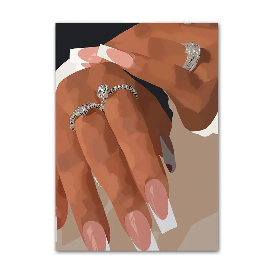 Black Art Fashion Hip Hop Girl Manicure Jewelry Lips Poster African Black Woman Beautiful Nails Painting Pictures Living Room Beauty Salon Decor
