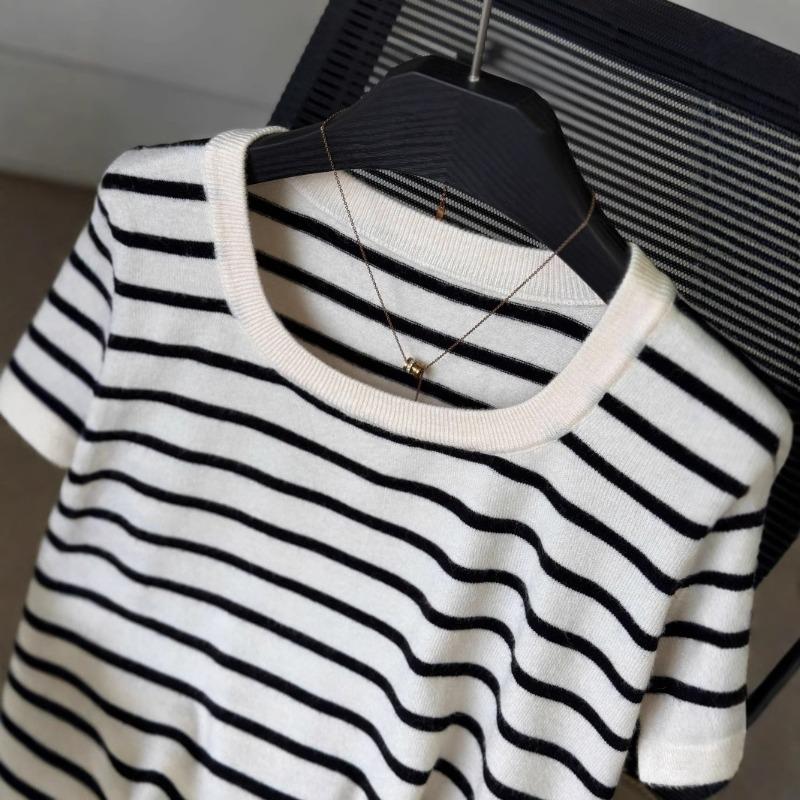 Striped Short-sleeved Large-sized T-shirtSquare-neck Knitted Base Shirt Summer Short Fitted Top