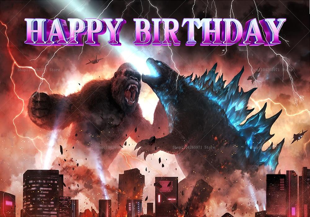 Godzilla Vs King Kong Cartoon Backdrop Banner Monster Clash Adventure Theme Kids Birthday Party Decor Photo Background Supplies