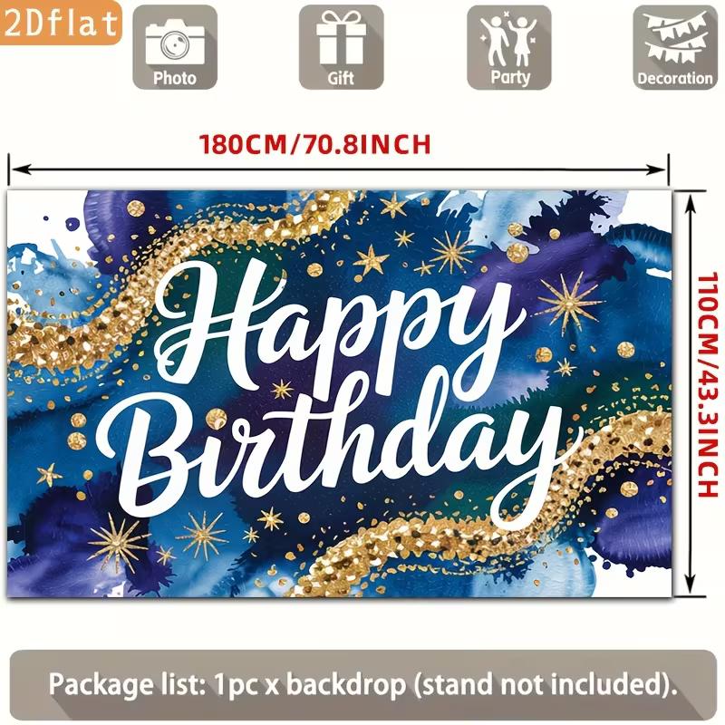 2D Birthday Photography Backdrop Blue Gold Watercolor with Star and Confetti Background