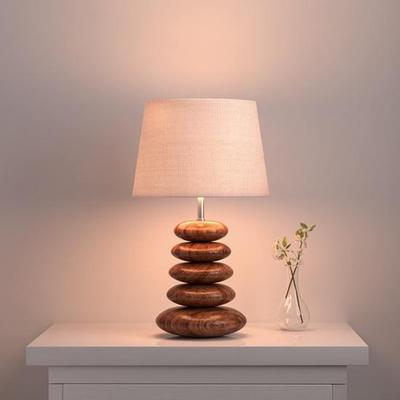 48,26 cm Drewniana Lampka Stołowa Pebble Kremowy Jutowy Abażur Do Sypialni, Na Stolik Nocny, Do Salonu, Dekoracja Domu, Hotelowa Żarówka LED
