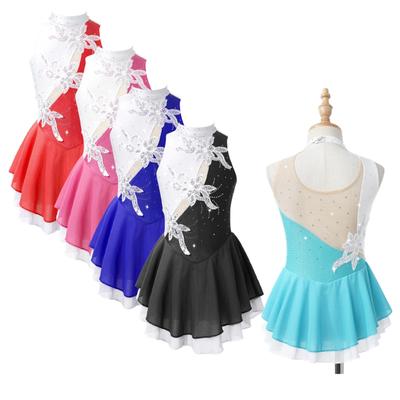 Kids Girls Sleeveless Shiny Sequins Floral Decor Patchwork Style Gymnastics Dance Skating Dress