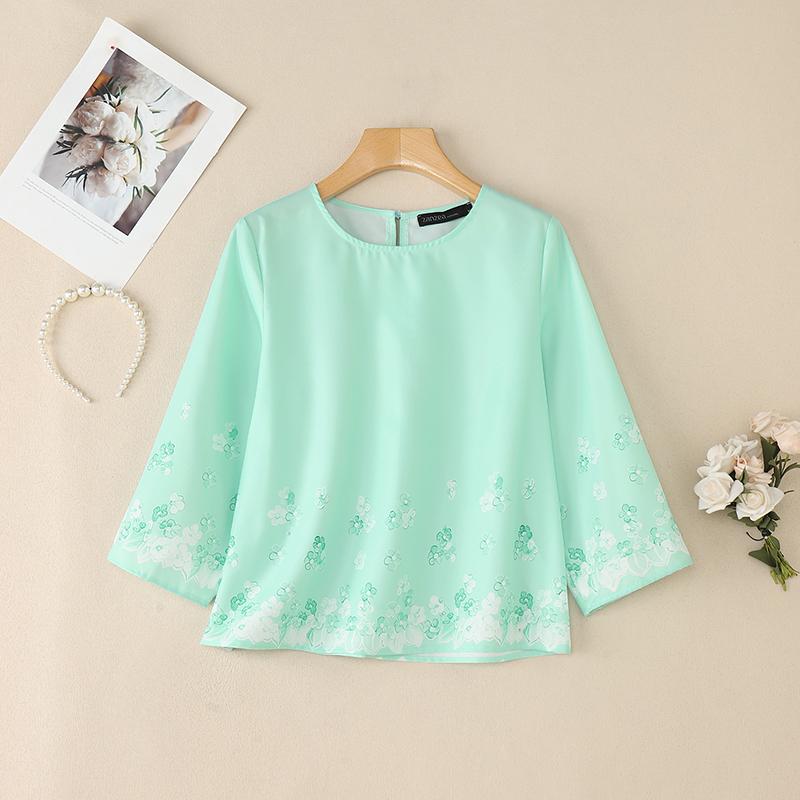 

ZANZEA Женская повседневная блузка с круглым вырезом и рукавом 3/4 с цветочным принтом 3XL зелёный