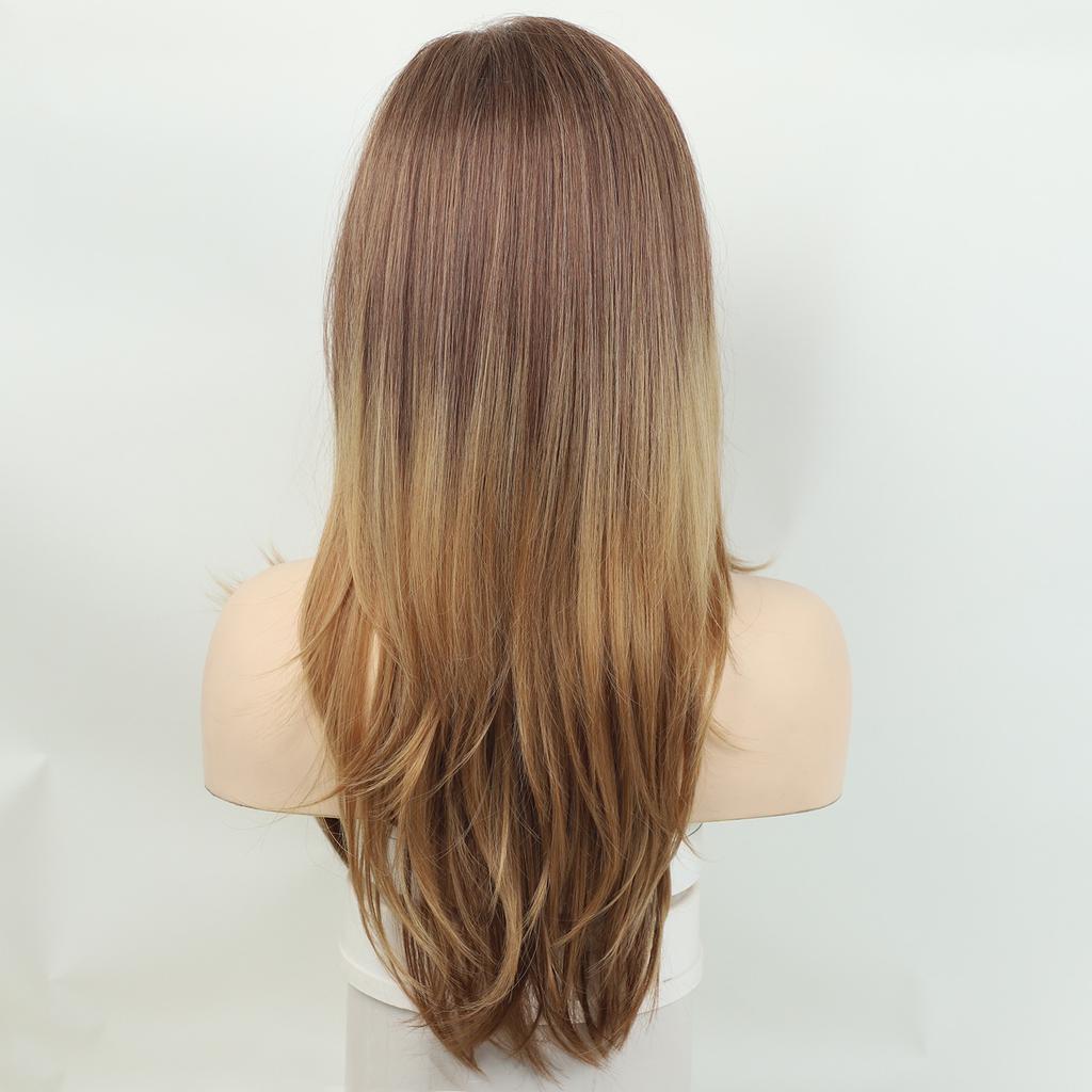 Ladies Fashion Long Straight Synthetic Wigs for Women Brown Blonde Ombre Wigs Heat Resistant Fiber Wigs for Daily Cosplay