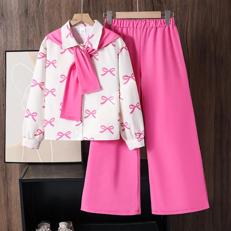 Girls' Fashion Set Autumn Children's Casual Bow, Detachable Shawl, Long-sleeved Shirt, Long Pants