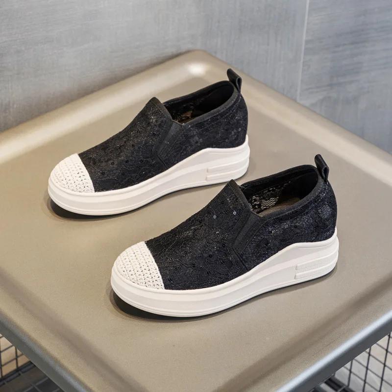 Summer Shoes Women Fashion Sneakers Breathable Mesh Shoes Flat Platform Height Increasing 7cm Brand Black Shoes