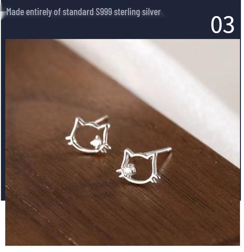 S999 Sterling Silver Zirconia Hollow Cat Stud Earrings for Women - No Need To Remove, Simple & Cute Design