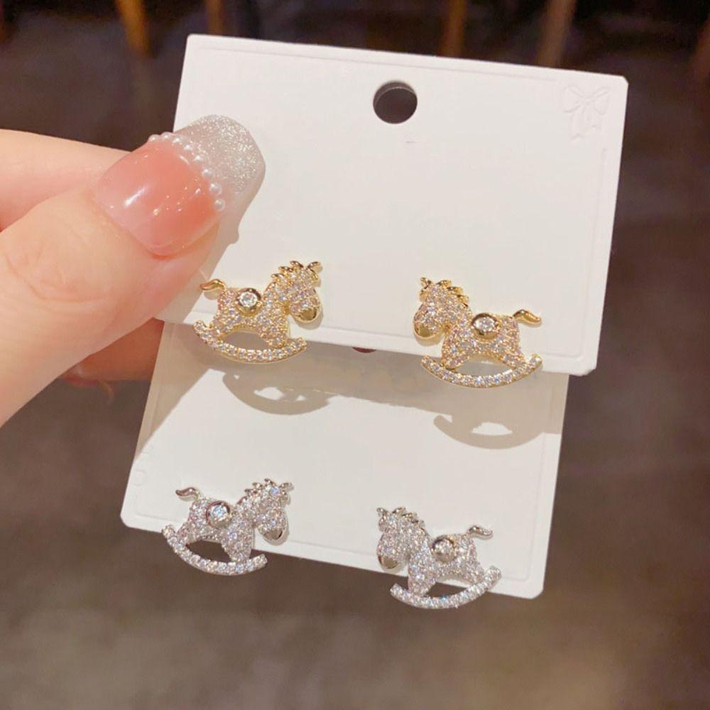 Chinese Style Zircon Horse Earrings Cartoon New Year Ear Studs Crystal Zodiac Pony Earrings  Women