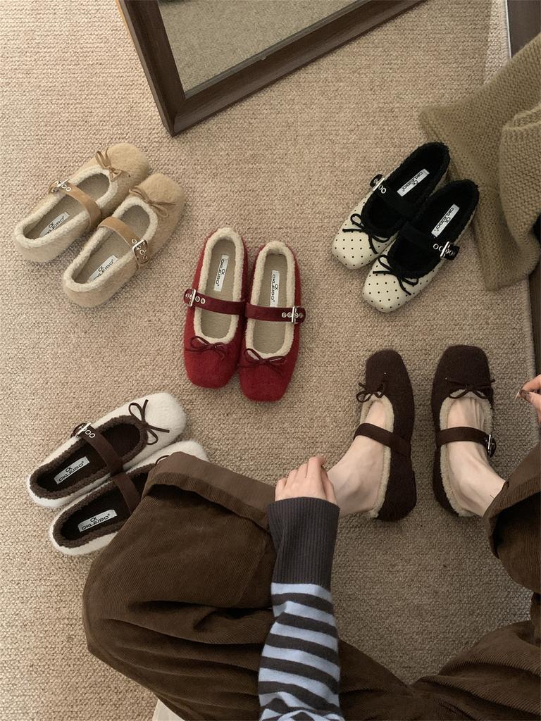 French Bow Huge Good-looking Super Fire Fluffy Winter Shoes Mary Jane Single Shoes Fluffy Shoes Women Wear Velvet