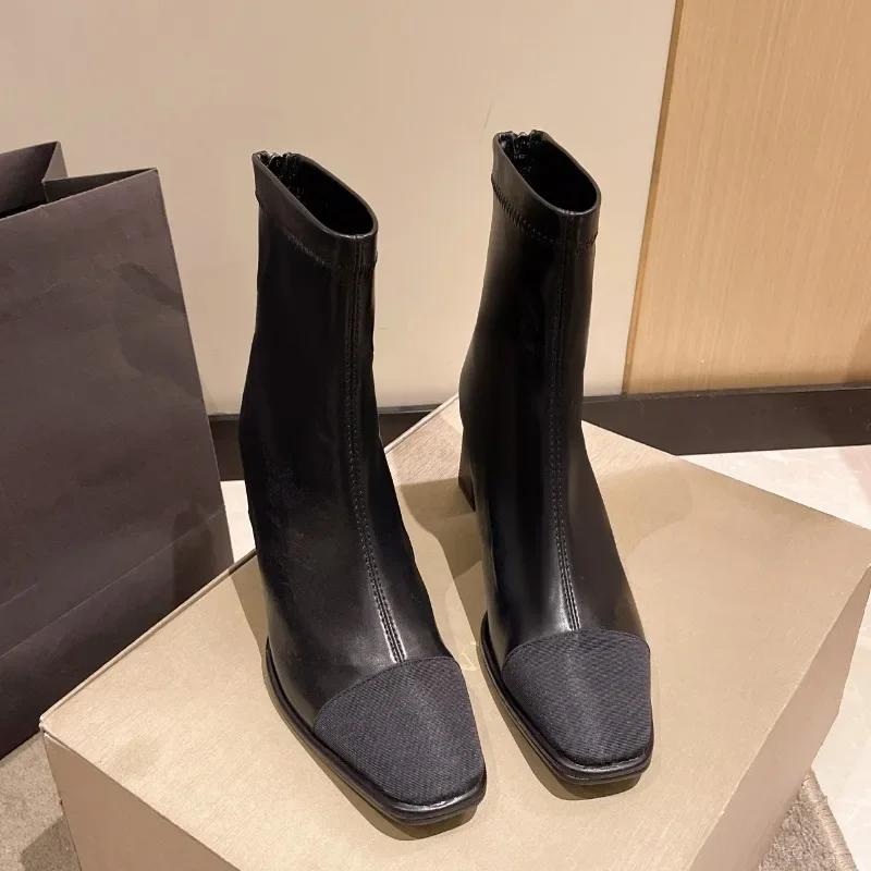 Femei Cizme Coreene Iarnă Tocuri Înalte Fundă Vârf Pătrat Retro Cizme Glezna Tocuri Groase Pantofi Rochie Elastice Scurte Botas De Mujer