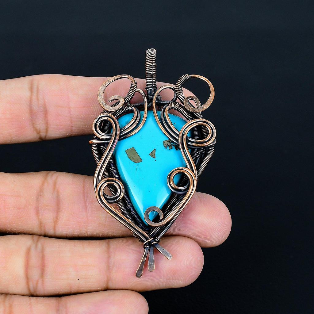 Turquoise 999 Copper Wire Wrapped Pendant, Handmade Gemstone Jewelry Pendant For Memorial Day