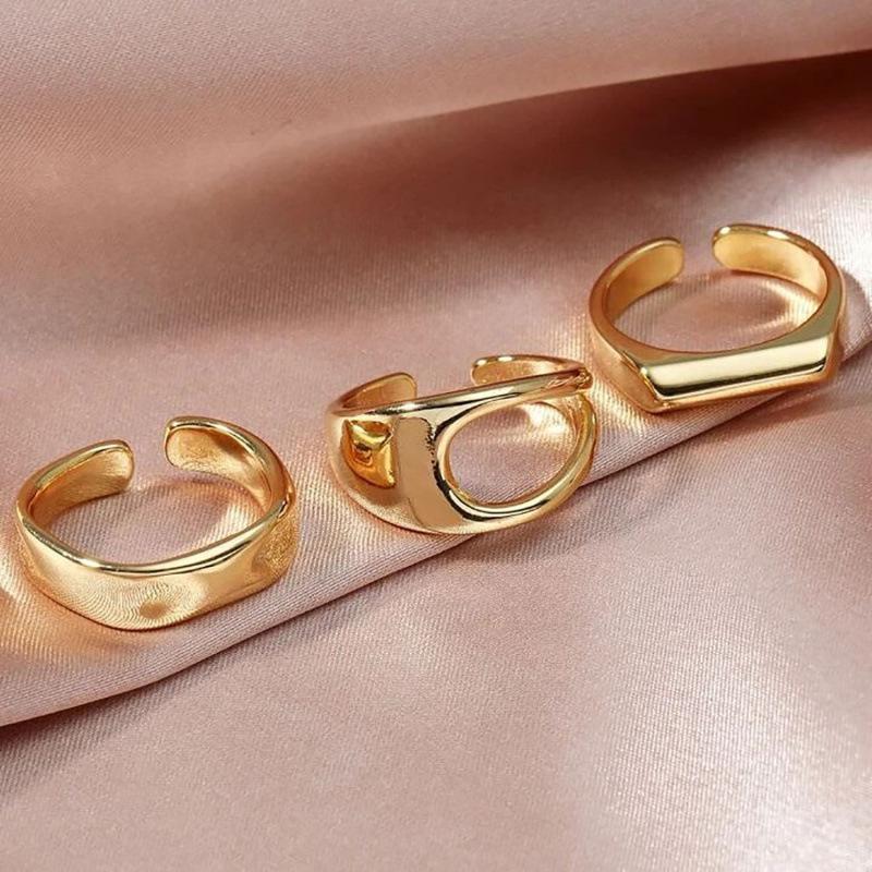 Set of 3 Adjustable Geometric Open Rings for Women, Korean Style - Simple, Trendy Semi-circular Design