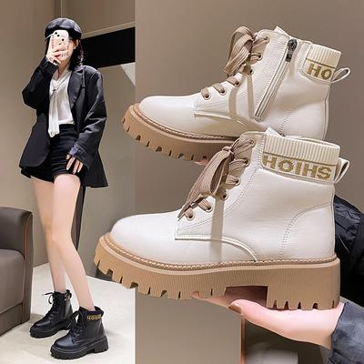2024 Women's Lace Up Boots Fashion White Ankle Boots Motorcycle Boots Female Chunky Heel Platform Short Boots Botas De Mujer