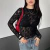 New Women's Small Stand-up Collar Transparent Lace Tight Long-sleeved T-shirt Tops for Women
