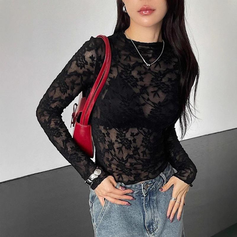 New Women's Small Stand-up Collar Transparent Lace Tight Long-sleeved T-shirt Tops for Women