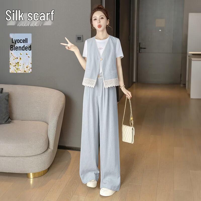 Women s Ramie Lace Patchwork Vest & Pants Set M