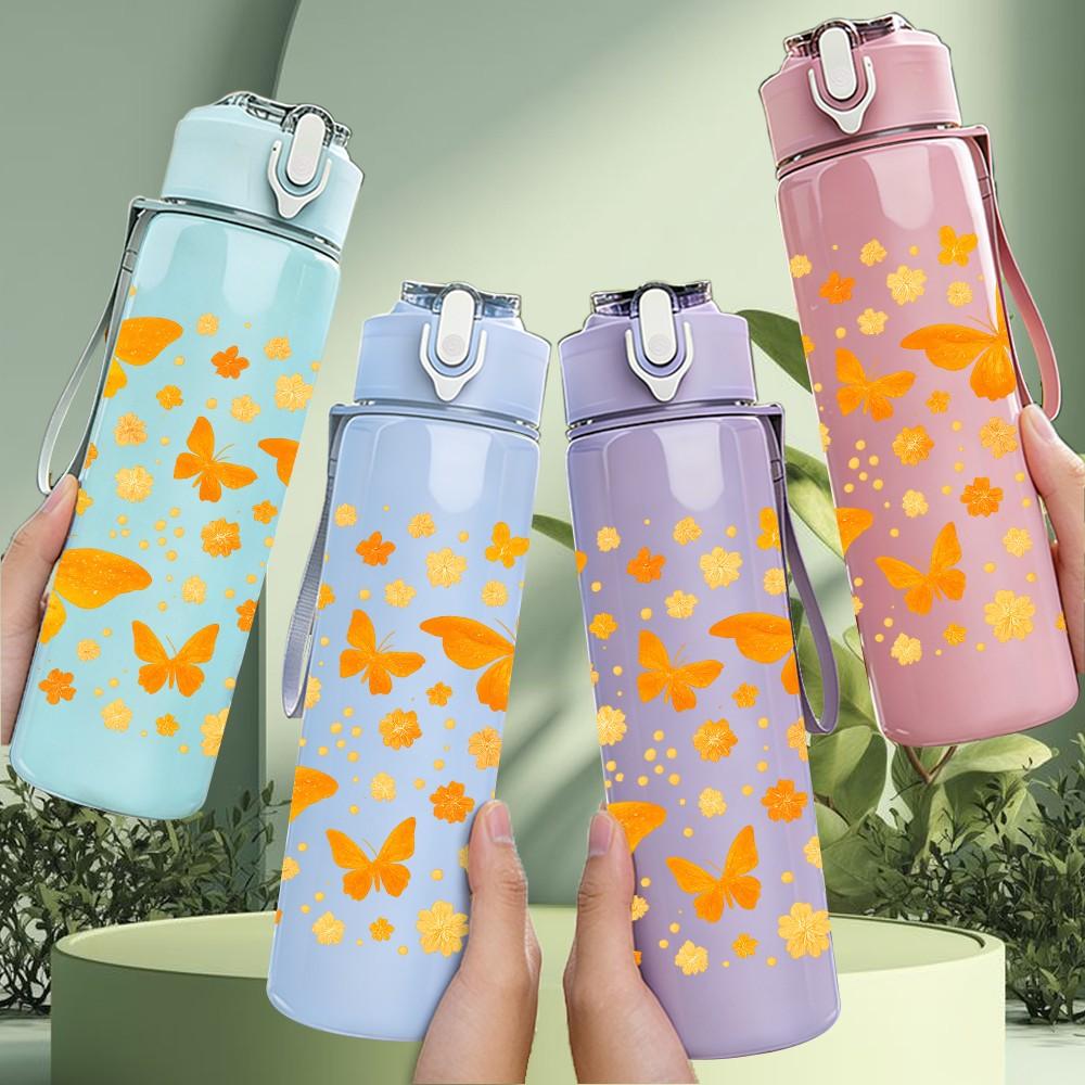 1PC Orange Butterfly Floral Pattern Print 750ml Color Plastic Sports Water Bottle Leakproof Flip Straw Lid Suitable for Sports Office Home Use