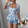 Summer New Women's Fresh and Sweet T-shirt Square Neck Puff Sleeve Floral Top