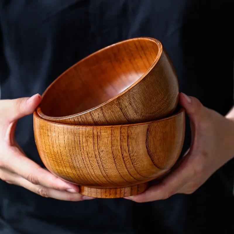 Japanischer Jujube-Holz Runder Großer Suppentopf Kreative Kinder-Reisschüssel Klassische Retro Holzschale