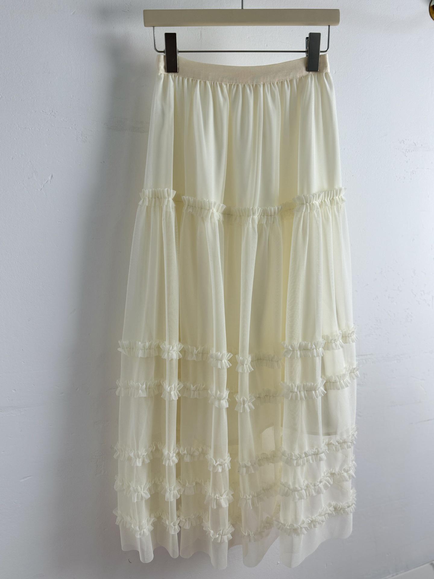 Elegant Patchwork Ruffle Hem Midi A-line Skirt - Slimming, Versatile & Commuter-friendly One Size абрикосовый