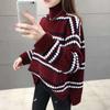 WTEMPO Women's Autumn Winter Large Size All-match Striped Sweaters Female Loose High Collar Long Sleeve Warm Knitted Pullover