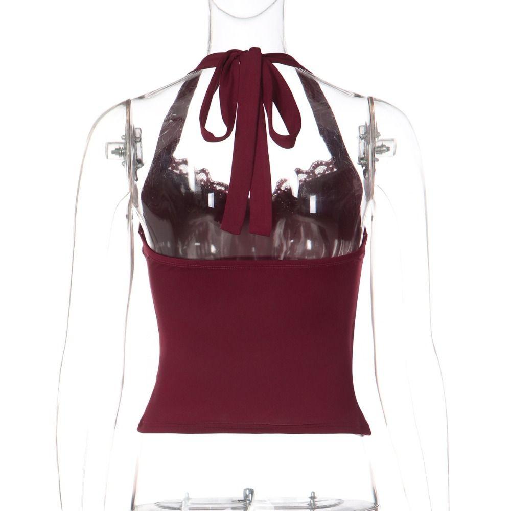 V Neck Slim Crop Tops Lace Lace-up Camisole Chic Halter Bottoming T-shirt  Spicy Girl