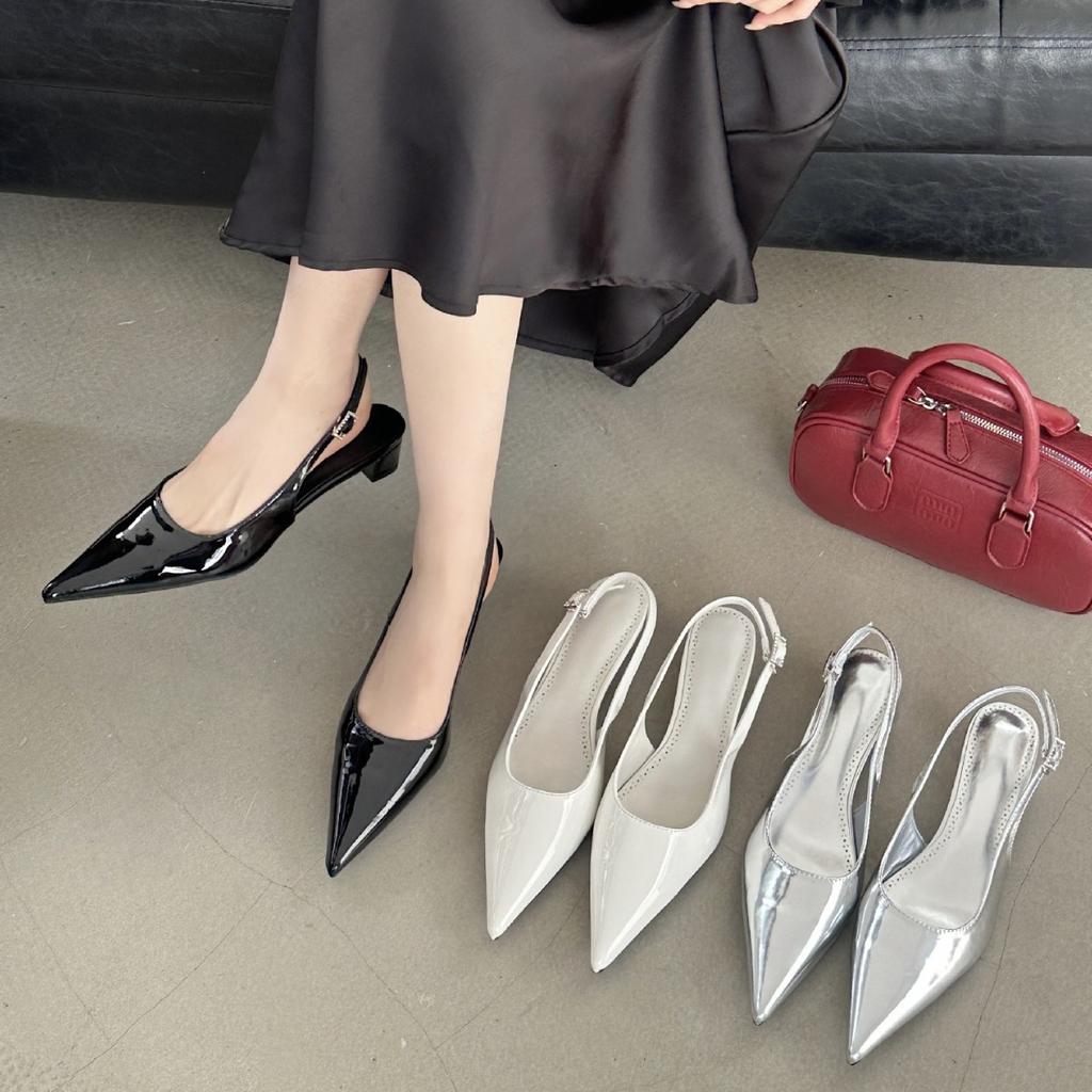2025 spring new pointed thick heel short heel European and American fashion bag head women's shoes